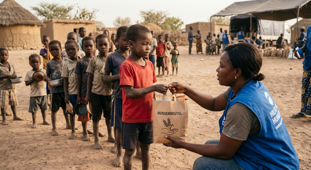 Kinder erhalten Hilfsgüter in Afrika
