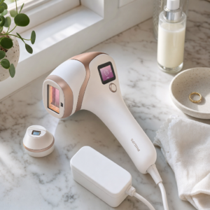 Philips Lumea IPL Series 7000 IPL-Gerät auf Marmor-Waschtisch mit Aufsatz und Netzteil