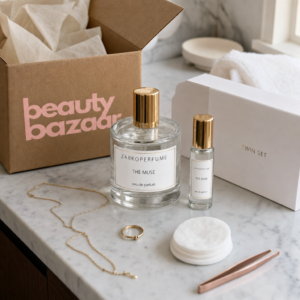 Zarkoperfume Twin Set The Muse auf Marmor-Bad-Vanity mit beauty bazaar Versandkarton